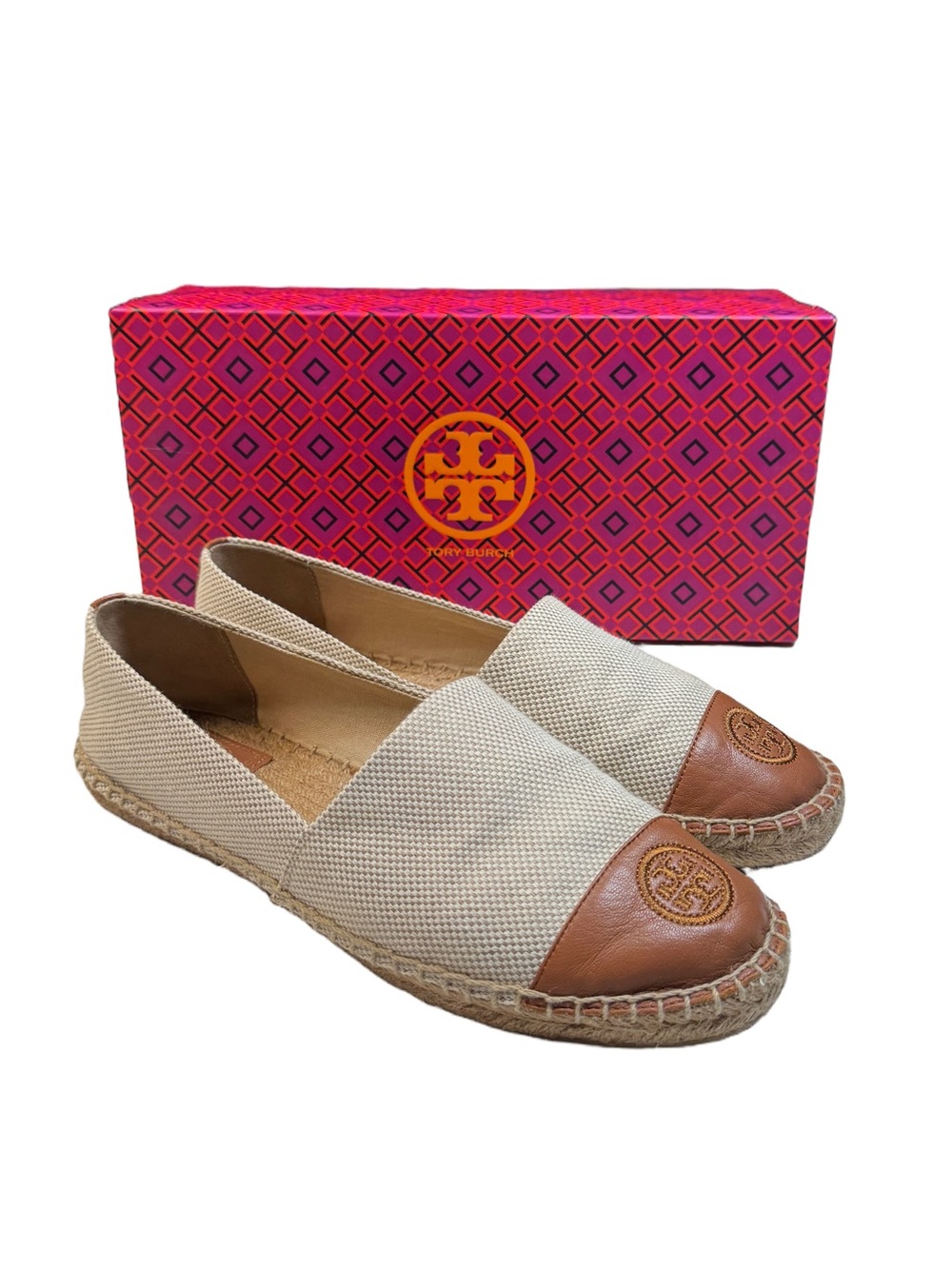 Tory Burch Color Block Canvas Espadrille Flats Brown Leather Cap Toe Women's 10